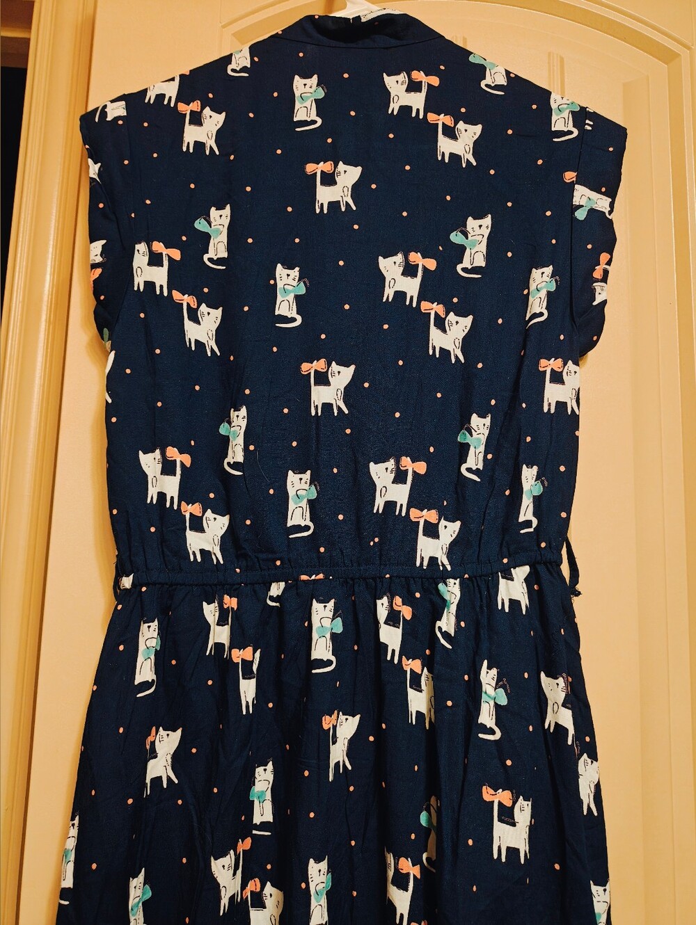NWT ANGIE Navy cat print mini dress button front elastic Waist Sz M - Picture 5 of 9